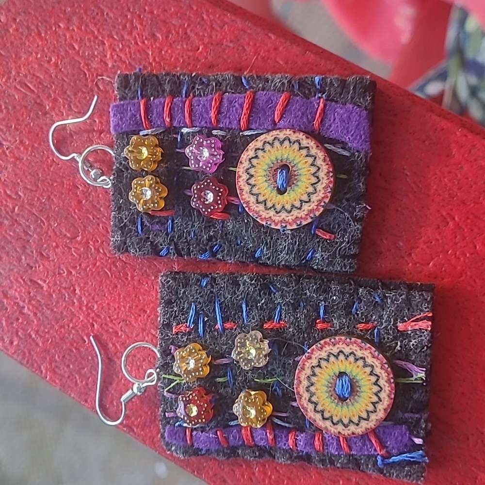 Vibrant Purple, Red And Black Beaded Collage Artist Made Earrings